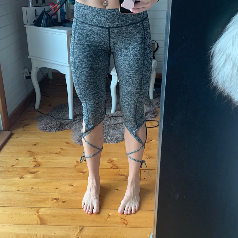 Grey yoga pants with ties at bottom